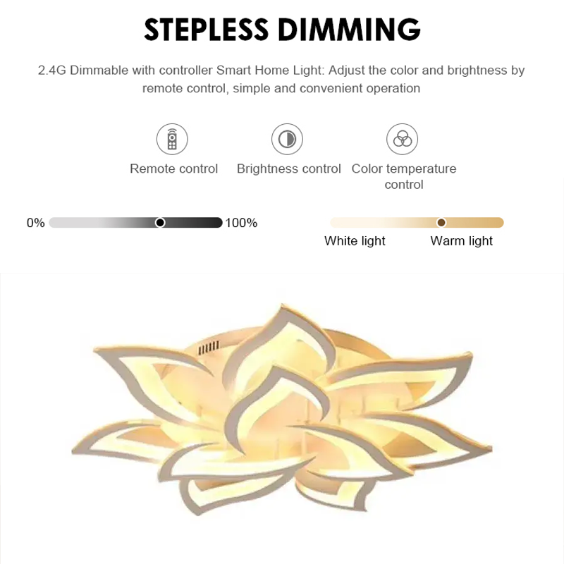 LED chandelier with remote control LOTUS 92W, 9 Petals, Cold/Warm/Neutral light, Dimmable, White