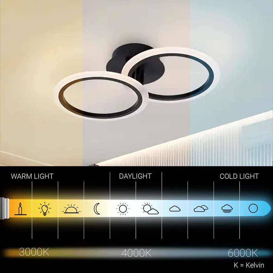 LED chandelier with remote control BETTY 28W, 2 Circles, Cold/Warm/Neutral light, Dimmable, Black