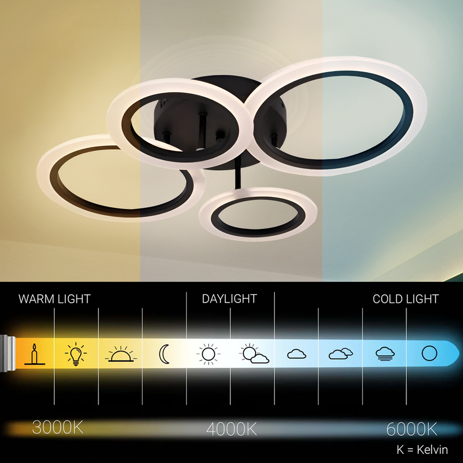 LED chandelier with remote control BETTY 44W, 4 Circles, Cold/Warm/Neutral light, Dimmable, Black