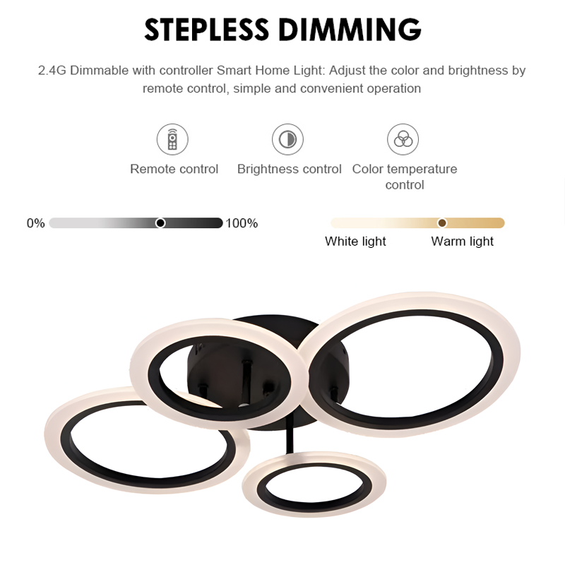 LED chandelier with remote control BETTY 44W, 4 Circles, Cold/Warm/Neutral light, Dimmable, Black