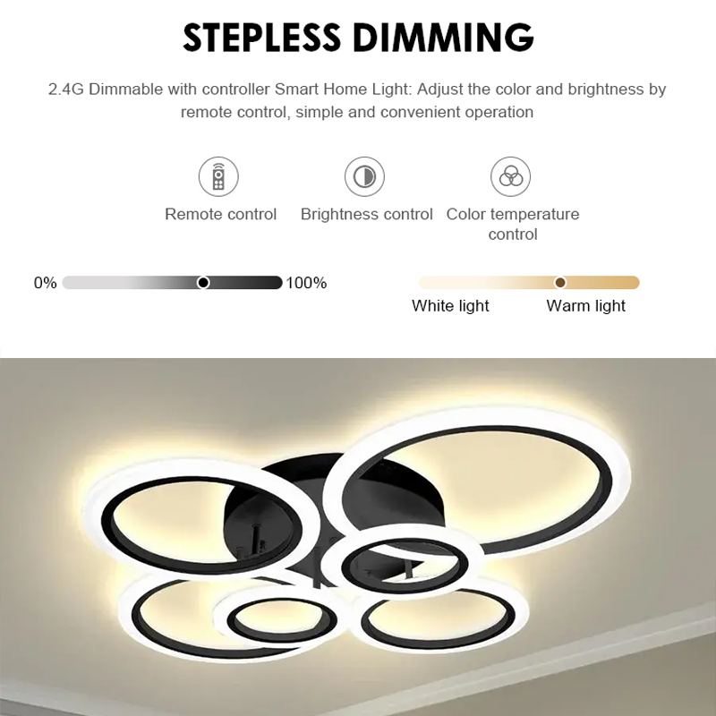 LED chandelier with remote control BETTY 82W, 6 Circles, Cold/Warm/Neutral light, Dimmable, Black