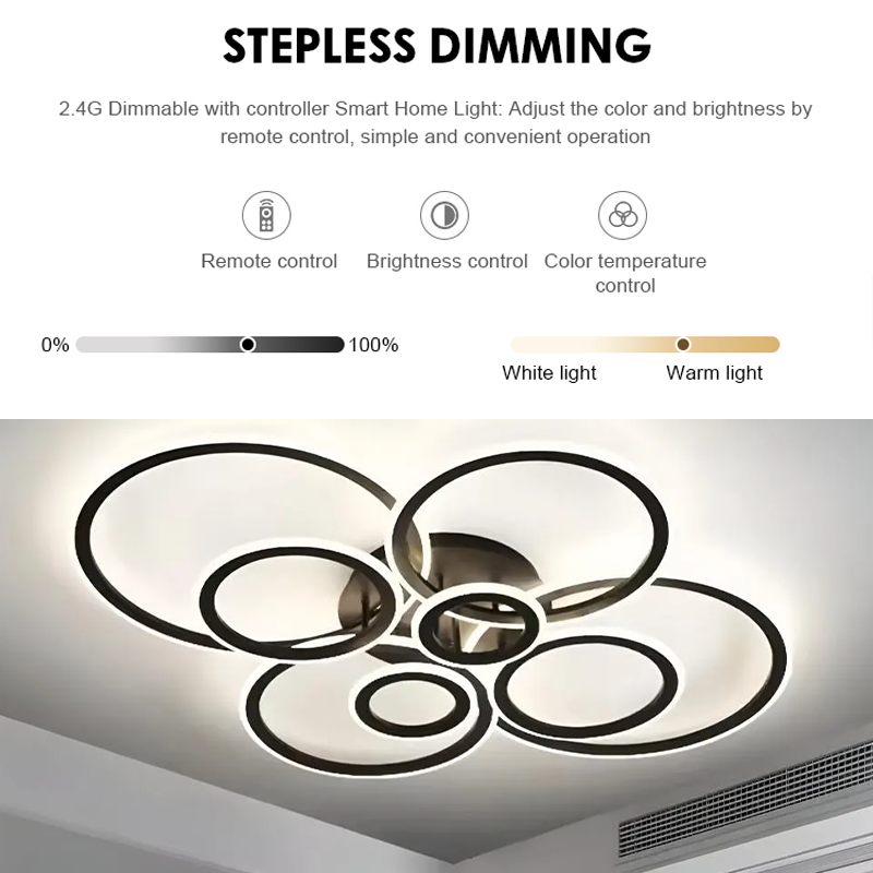 LED chandelier with remote control BETTY 130W, 8 Circles, Cold/Warm/Neutral light, Dimmable, Black