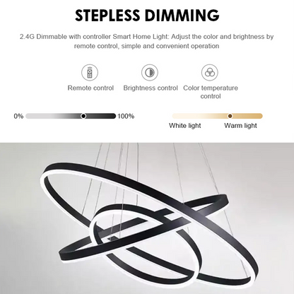 Suspended LED chandelier with remote control CASIANA 84W, 3 Circles, Cold/Warm/Neutral light, Dimmable, Black, Height Adjustable