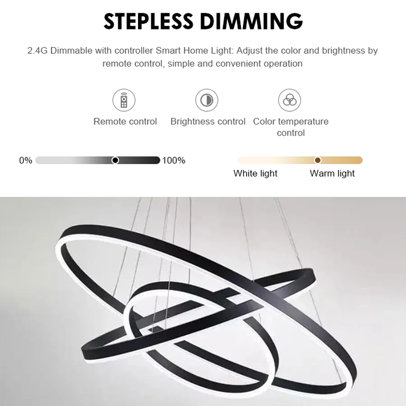 Suspended LED chandelier with remote control CASIANA 84W, 3 Circles, Cold/Warm/Neutral light, Dimmable, Black, Height Adjustable