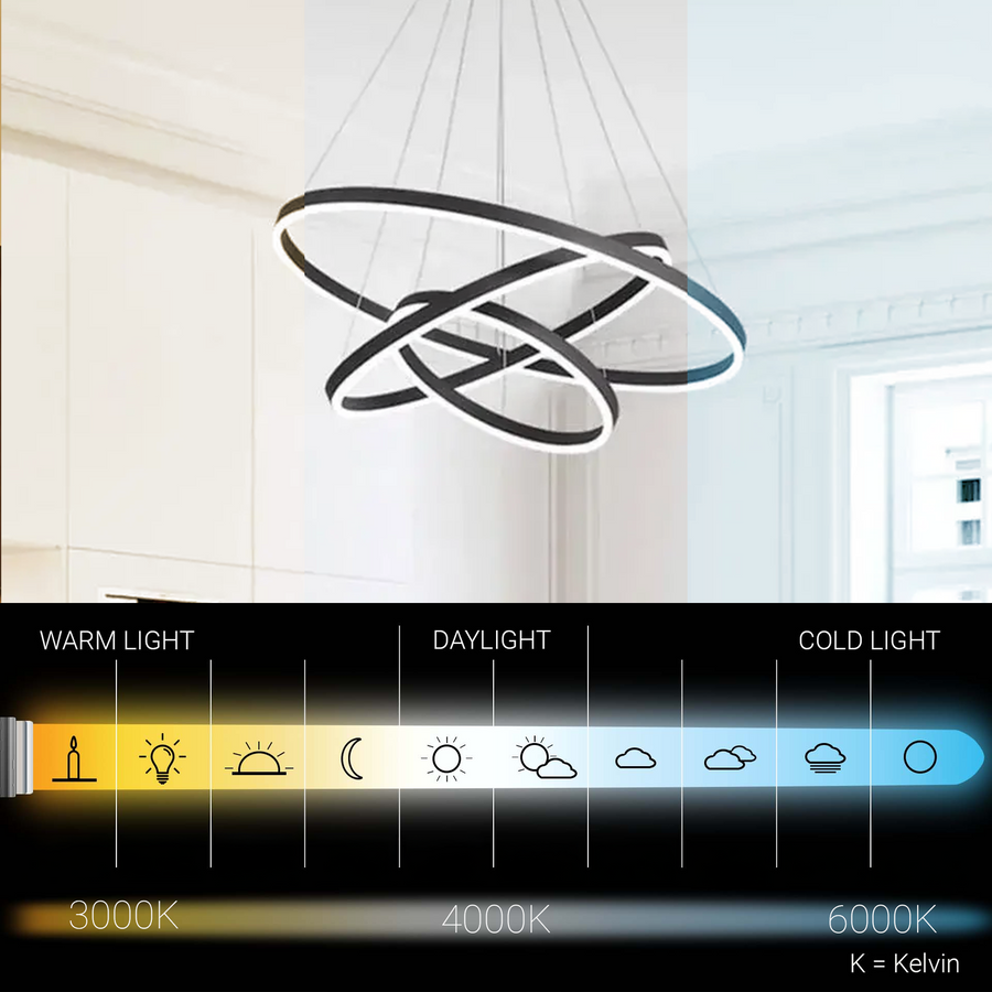 Suspended LED chandelier with remote control CASIANA 84W, 3 Circles, Cold/Warm/Neutral light, Dimmable, Black, Height Adjustable
