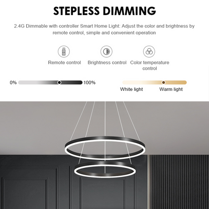 Suspended LED chandelier with remote control CASIANA 41W, 2 Circles, Cold/Warm/Neutral light, Dimmable, Black, Height Adjustable
