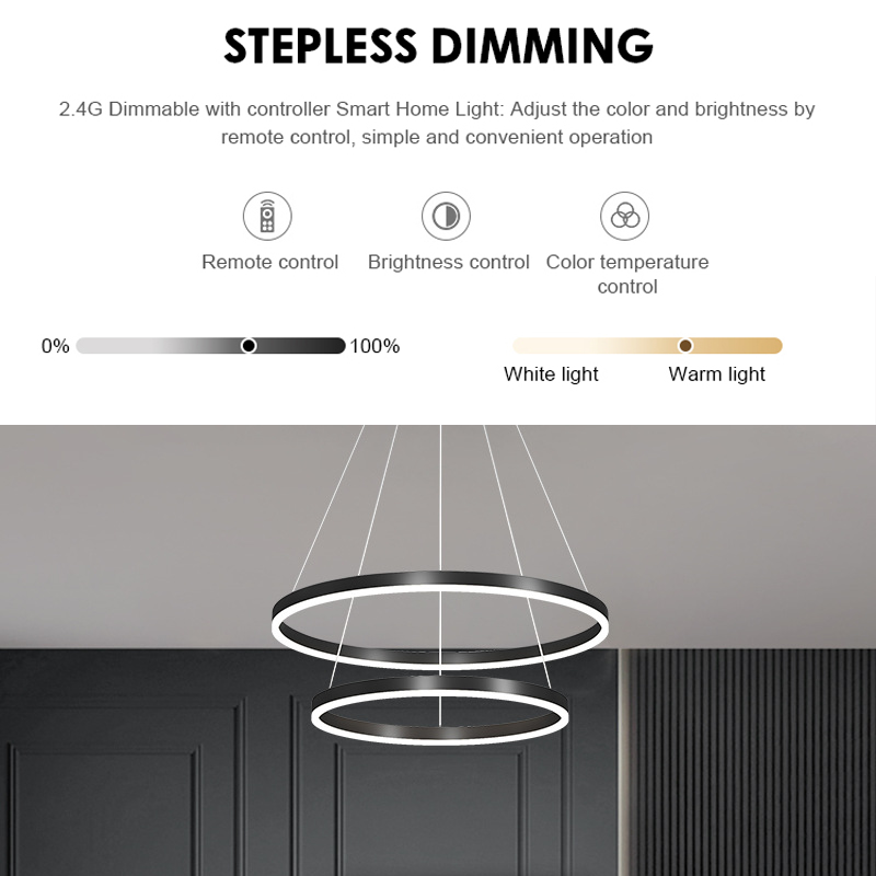 Suspended LED chandelier with remote control CASIANA 41W, 2 Circles, Cold/Warm/Neutral light, Dimmable, Black, Height Adjustable