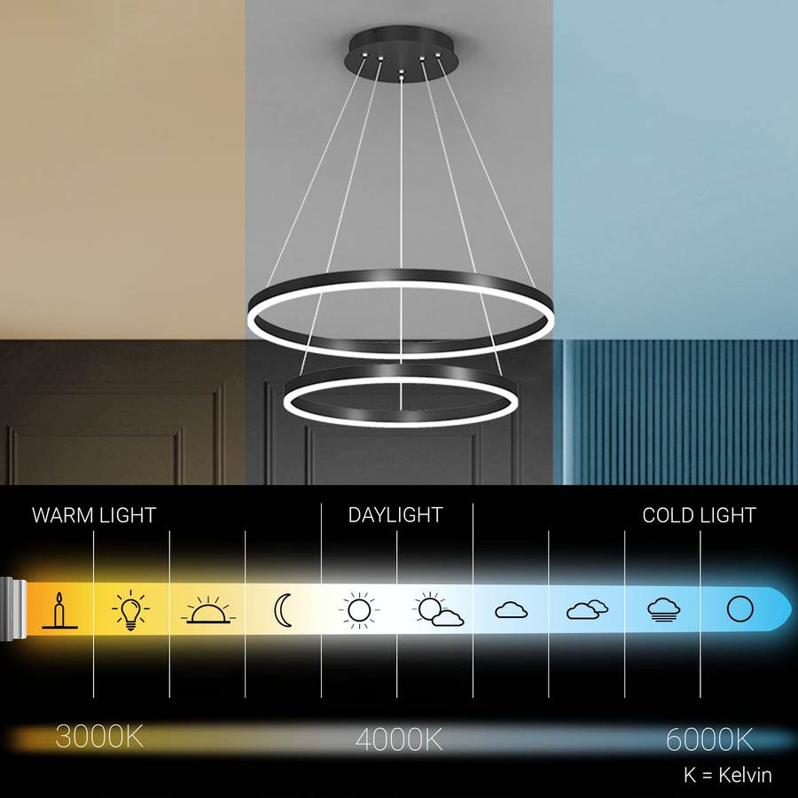 Suspended LED chandelier with remote control CASIANA 41W, 2 Circles, Cold/Warm/Neutral light, Dimmable, Black, Height Adjustable