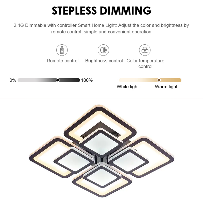 LED chandelier with remote control SUSAN 77W, 4 Squares, Cold/Warm/Neutral light, Dimmable, Black