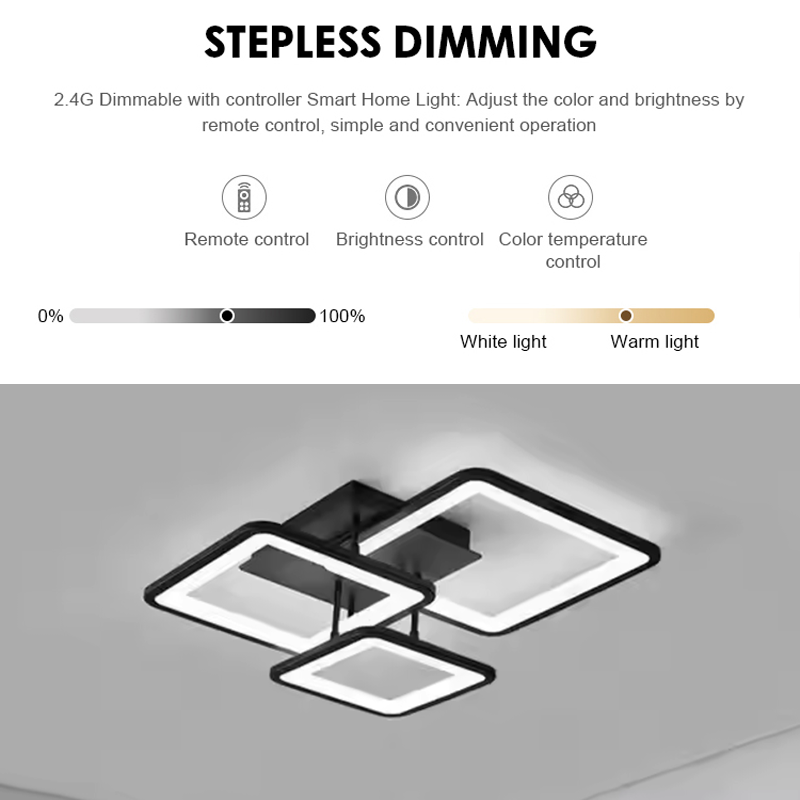 LED chandelier with remote control ZOE 64W, 3 Squares, Cold/Warm/Neutral light, Dimmable, Black