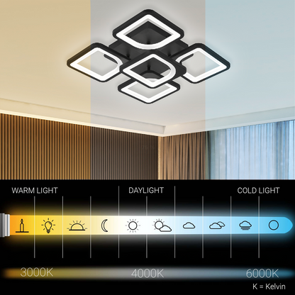 LED chandelier with remote control ZOE 68W, 5 Squares, Cold/Warm/Neutral light, Dimmable, Black