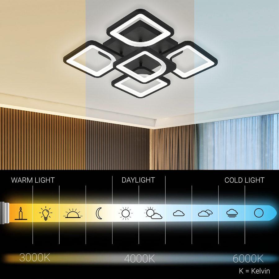 LED chandelier with remote control ZOE 68W, 5 Squares, Cold/Warm/Neutral light, Dimmable, Black