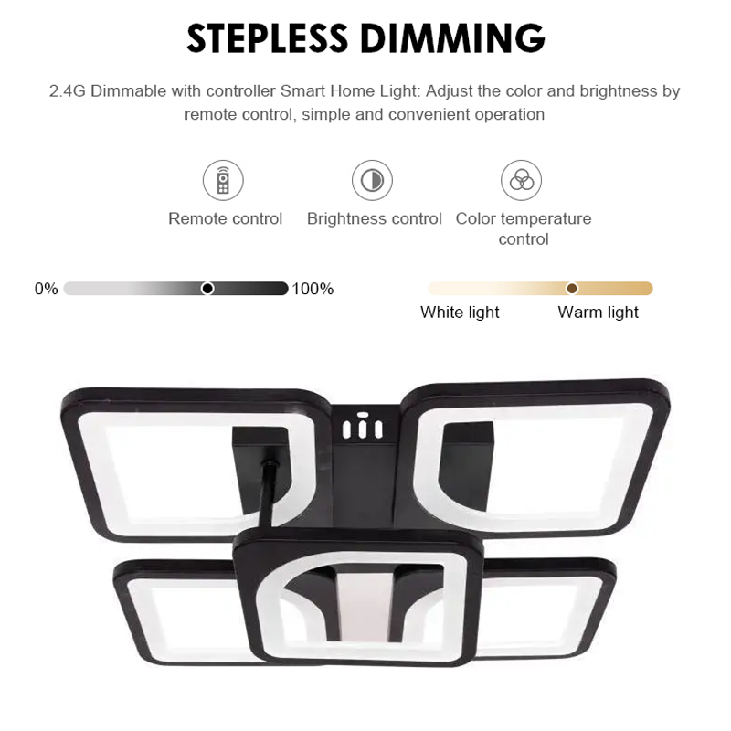 LED chandelier with remote control ZOE 68W, 5 Squares, Cold/Warm/Neutral light, Dimmable, Black