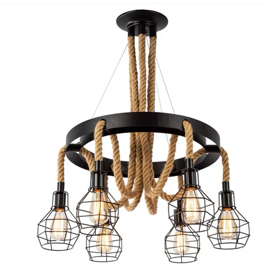 Vintage Hanging Chandelier, LV583/6BK, 6xE27, Diameter 60 cm, Adjustable Height, IP20, Brown, Metal and String, Bulbs Not Included