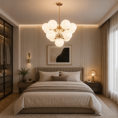 ORBS Magno Classic Chandelier, 56cm, 13xE27, Globes, Metal and Plastic, Gold