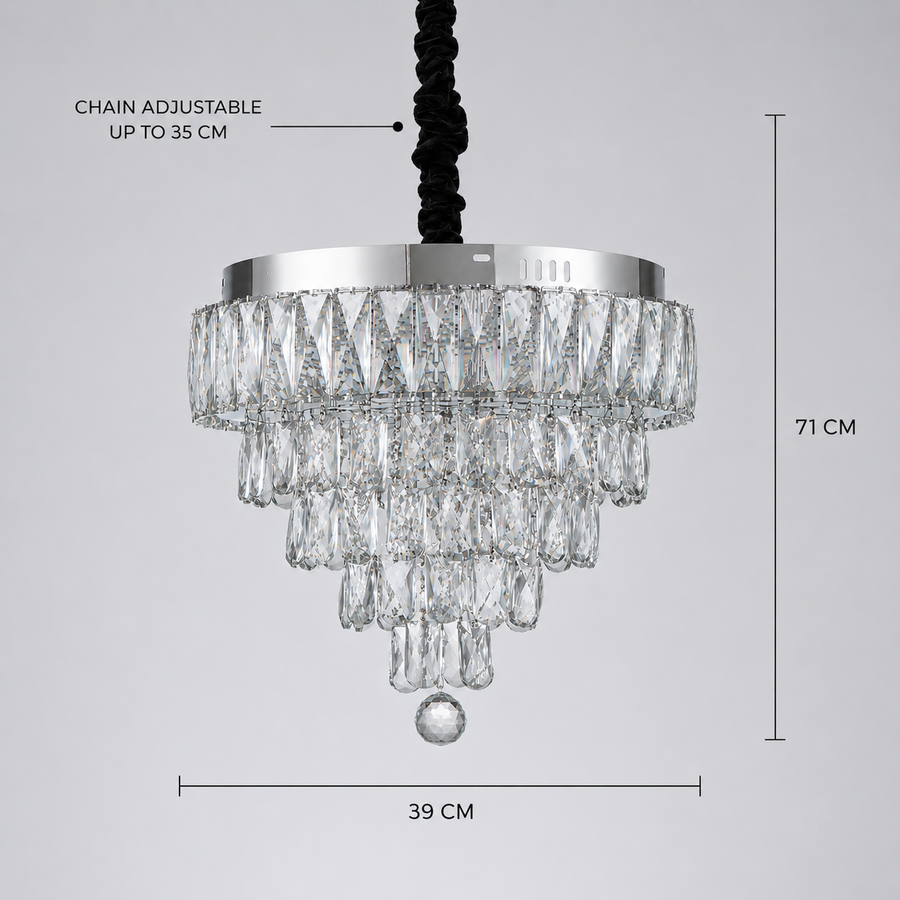 RIGO Crystal LED Chandelier with remote control Nobile Diameter 39cm, Shiny Chrome, Adjustable Height, Metal and Crystal