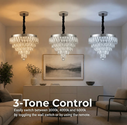 RIGO Crystal LED Chandelier with remote control Nobile Diameter 39cm, Shiny Chrome, Adjustable Height, Metal and Crystal