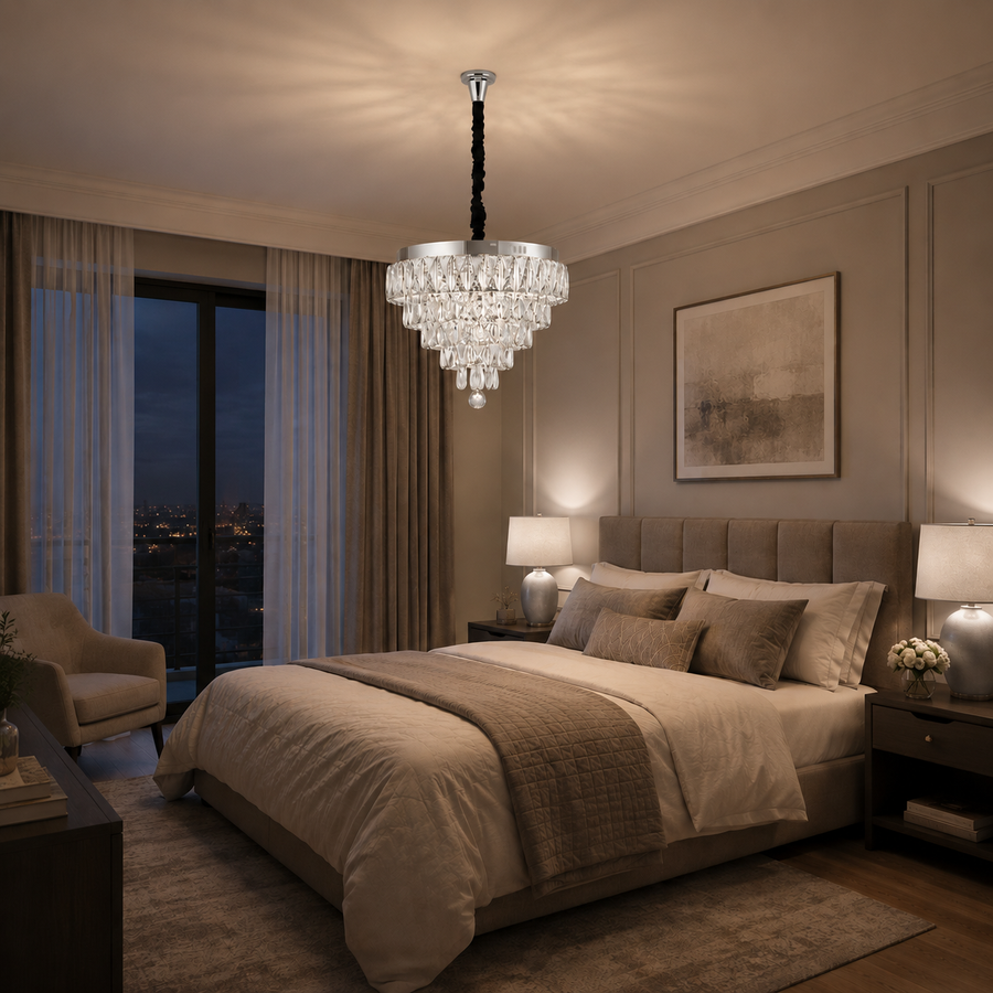 RIGO Crystal LED Chandelier with remote control Nobile Diameter 39cm, Shiny Chrome, Adjustable Height, Metal and Crystal