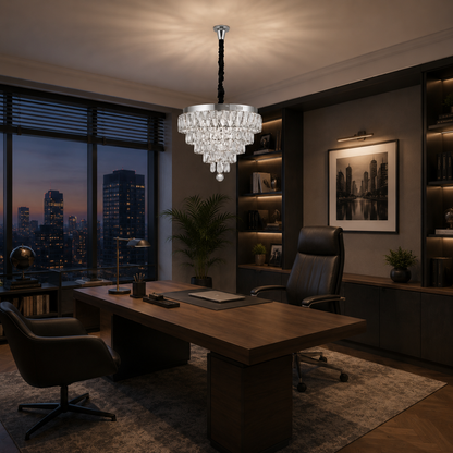 RIGO Crystal LED Chandelier with remote control Nobile Diameter 39cm, Shiny Chrome, Adjustable Height, Metal and Crystal