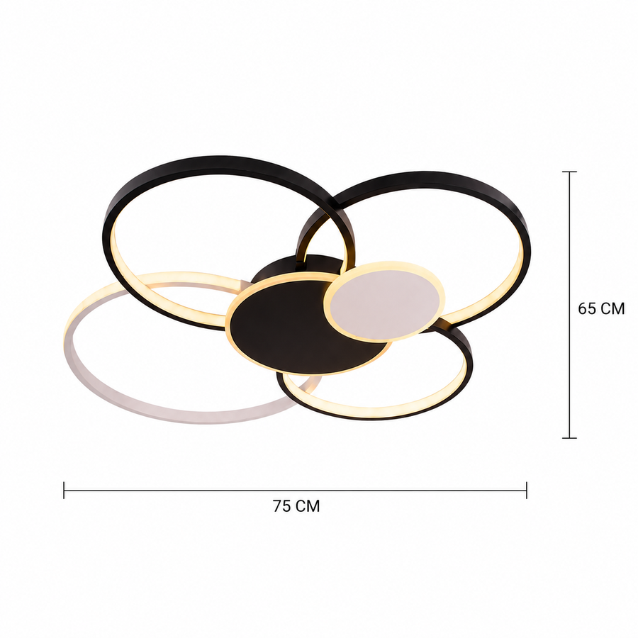 LED Chandelier with Remote Control, KILLIAN, 74W, 6 Circles, Cold/Warm/Neutral Light 3000K/4000K/6000K, Dimmable, Black and White, Metal and Acrylic