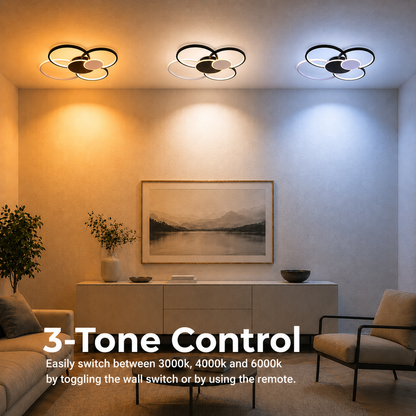 LED Chandelier with Remote Control, KILLIAN, 74W, 6 Circles, Cold/Warm/Neutral Light 3000K/4000K/6000K, Dimmable, Black and White, Metal and Acrylic