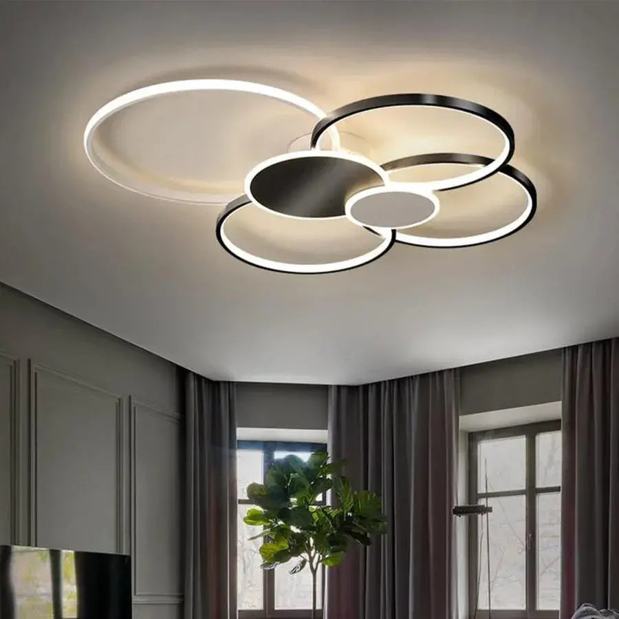 LED Chandelier with Remote Control, KILLIAN, 74W, 6 Circles, Cold/Warm/Neutral Light 3000K/4000K/6000K, Dimmable, Black and White, Metal and Acrylic LED Chandeliers with Remote Control Default Title Alessandro Design