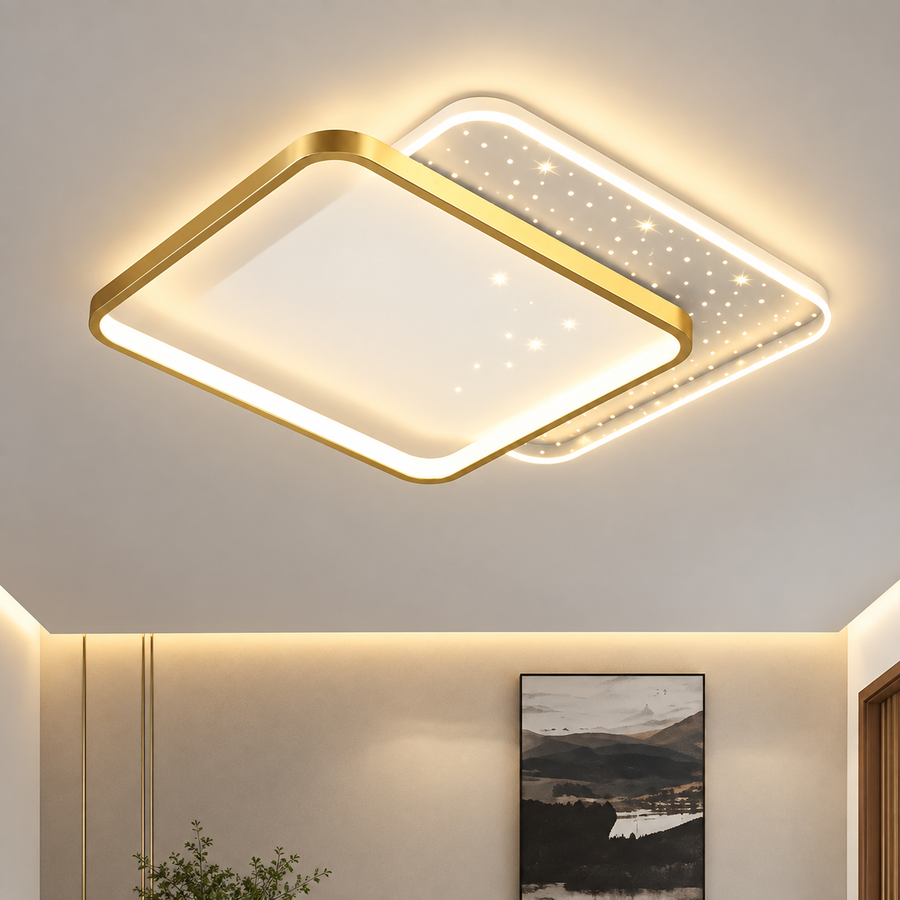 LED chandelier with remote control GILDRA 48W, 2 Squares, Cold/Warm/Neutral light, Dimmable, Gold