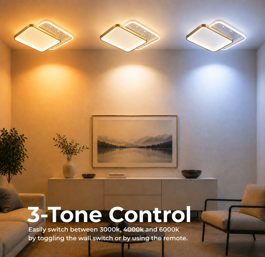 LED chandelier with remote control GILDRA 48W, 2 Squares, Cold/Warm/Neutral light, Dimmable, Gold