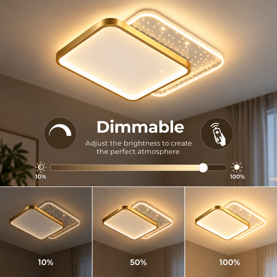 LED chandelier with remote control GILDRA 48W, 2 Squares, Cold/Warm/Neutral light, Dimmable, Gold