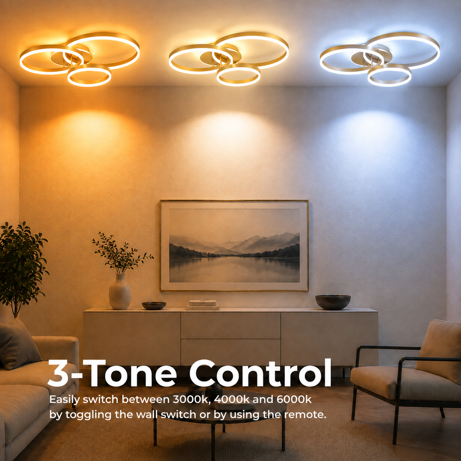 LED chandelier with remote control RIGA LILITH 68W, 3 Circles, Cold/Warm/Neutral light, Dimmable, Shiny Gold
