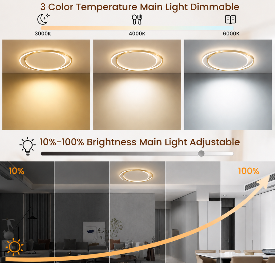 LED chandelier with remote control SOLARA 51W, 2 Circles, Cold/Warm/Neutral light, Dimmable, White Gold
