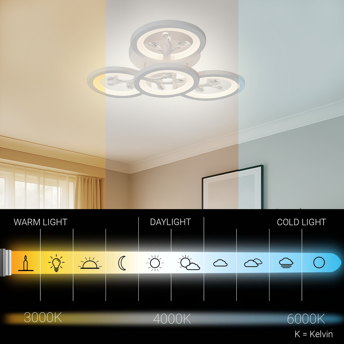 LED chandelier with remote control and crystal DAISY 53W, 4 Elements, Cold/Warm/Neutral light, Dimmable, White LED chandelier with remote control Default Title Alessandro Design