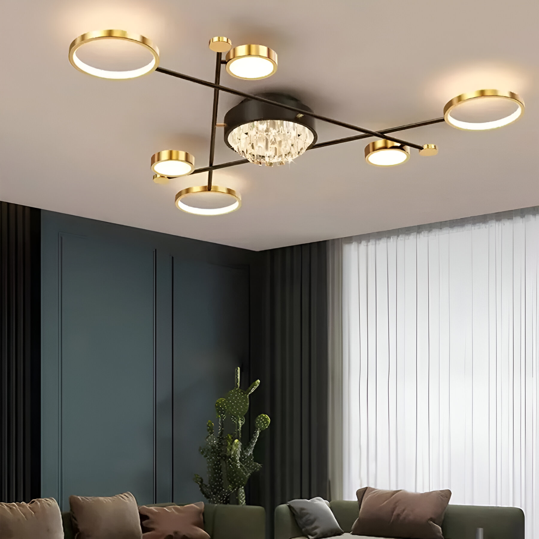 LED Chandelier with remote control and crystal GUIDA 38W, 6 Elements, Cold/Warm/Neutral light, Dimmable, Black Gold LED Chandeliers with Remote Control Default Title Alessandro Design