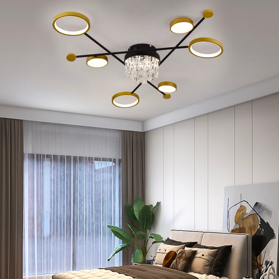 LED Chandelier with remote control and crystal GUIDA 38W, 6 Elements, Cold/Warm/Neutral light, Dimmable, Black Gold LED Chandeliers with Remote Control Default Title Alessandro Design