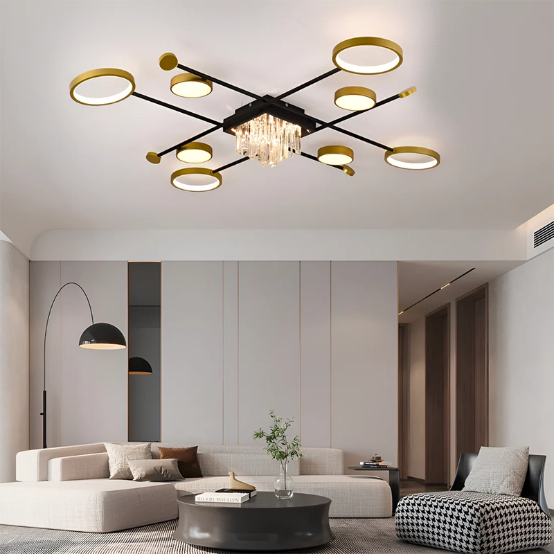 LED chandelier with remote control and crystal GUIDA 48W, 8 Elements, Cold/Warm/Neutral light, Dimmable, Black Gold