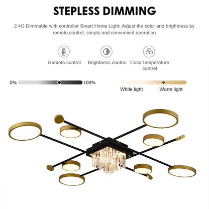 LED Chandelier with remote control and crystal GUIDA 46W, 8 Elements, Cold/Warm/Neutral light, Dimmable, Black Gold LED Chandeliers with Remote Control Default Title Alessandro Design