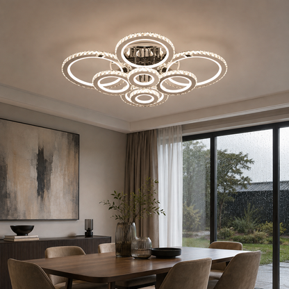 LED chandelier with remote control and crystal NOVA ROTONDA RGB, 8 Circles, Cold/Warm/Neutral light, Dimmable, Shiny Chrome