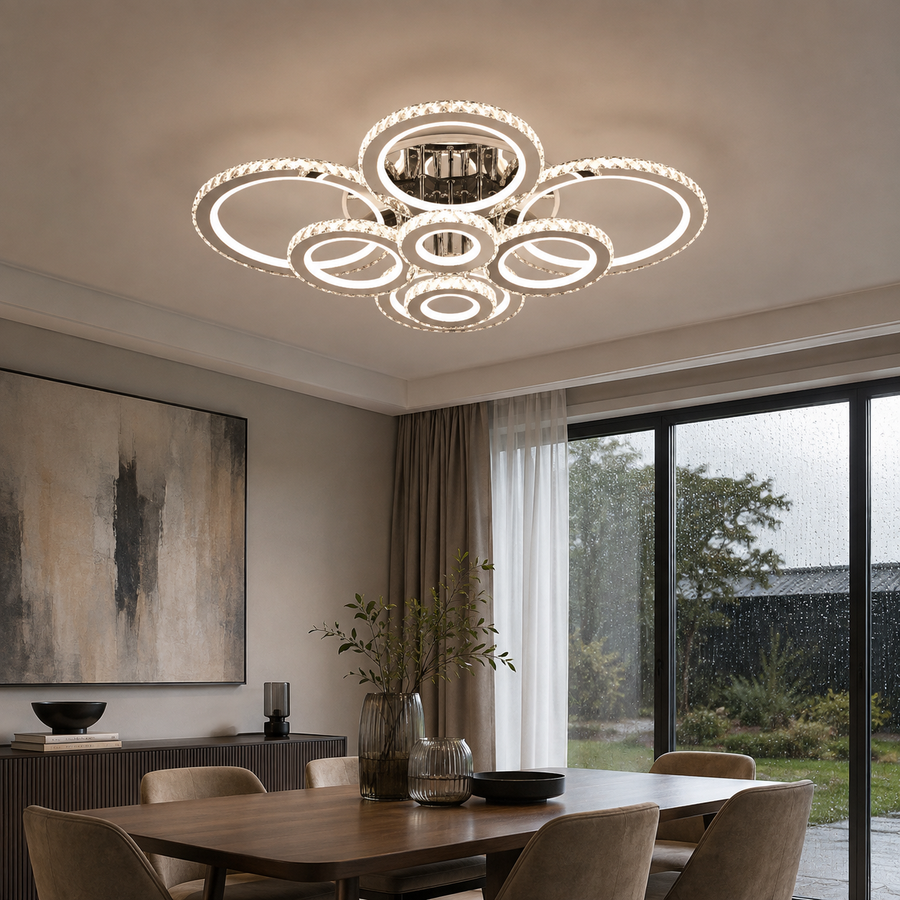LED chandelier with remote control and crystal NOVA ROTONDA RGB, 8 Circles, Cold/Warm/Neutral light, Dimmable, Shiny Chrome