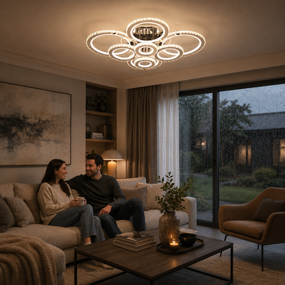 LED chandelier with remote control and crystal NOVA ROTONDA RGB, 8 Circles, Cold/Warm/Neutral light, Dimmable, Shiny Chrome