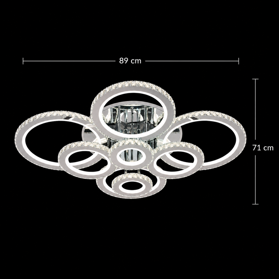 LED chandelier with remote control and crystal NOVA ROTONDA RGB, 8 Circles, Cold/Warm/Neutral light, Dimmable, Shiny Chrome