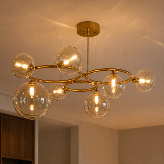 VENERE Luce Chandelier, 3 Circles, 7xG9, Gold, Metal, Adjustable Height