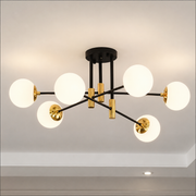 Round White Globe Chandelier, PENTHOUSE Lounge, 6xE27, Black / Gold, Metal