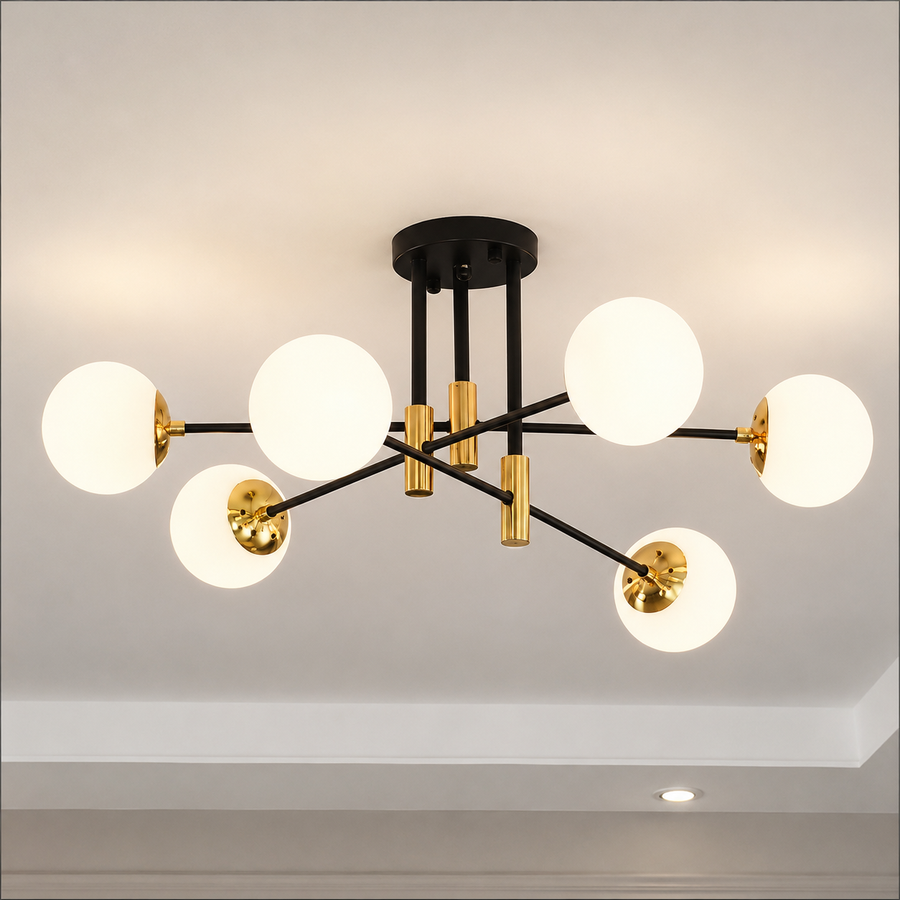 Round White Globe Chandelier, PENTHOUSE Lounge, 6xE27, Black / Gold, Metal