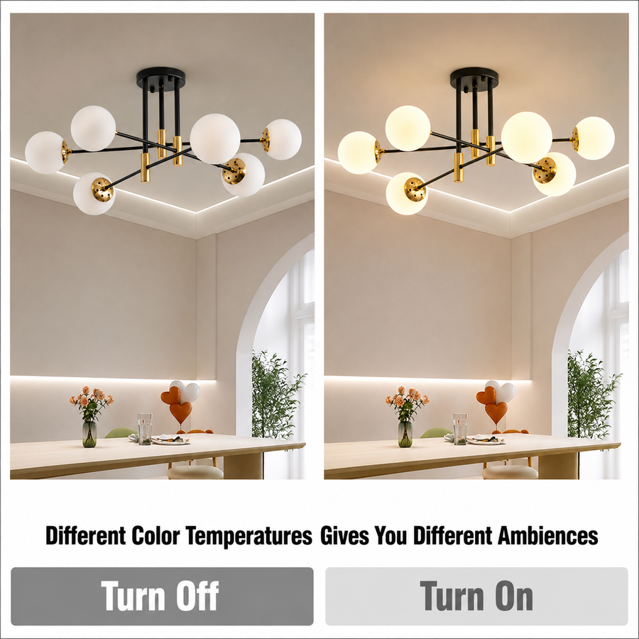 Round White Globe Chandelier, PENTHOUSE Lounge, 6xE27, Black / Gold, Metal