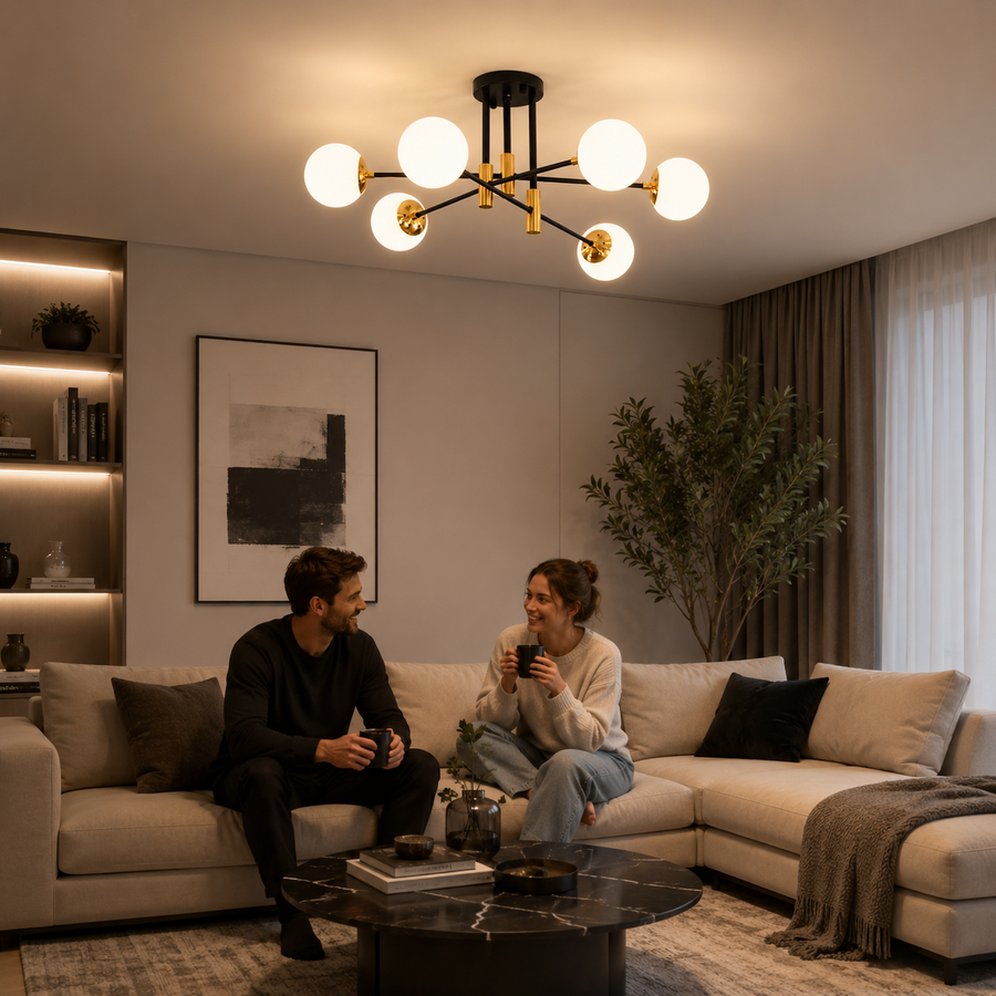 Round White Globe Chandelier, PENTHOUSE Lounge, 6xE27, Black / Gold, Metal