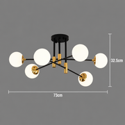 Round White Globe Chandelier, PENTHOUSE Lounge, 6xE27, Black / Gold, Metal
