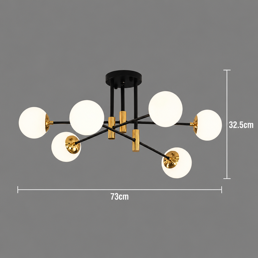 Round White Globe Chandelier, PENTHOUSE Lounge, 6xE27, Black / Gold, Metal