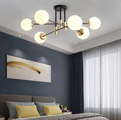 Chandelier with Round White Shade, PENTHOUSE Lounge, 6xE27, Black Gold, Metal 