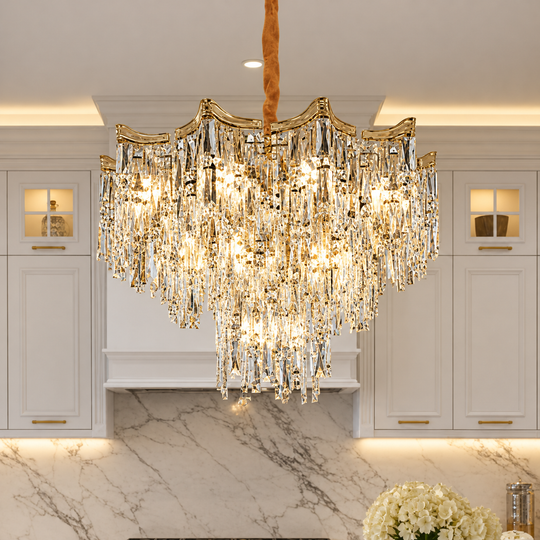 Crystal Chandelier VETRA Nobile 6xE14, D40 cm, Gold, Adjustable Height, Metal and Crystal