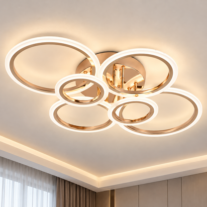 LED chandelier with remote control BETTY 81W, 6 Circles, Cold/Warm/Neutral light, Dimmable, Shiny Gold